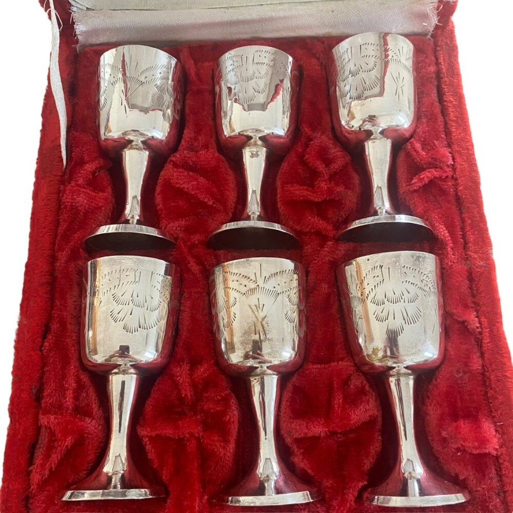 NIB Vintage EPNS India Silver Plate Goblets Set 6, 1970s engraved floral 3"